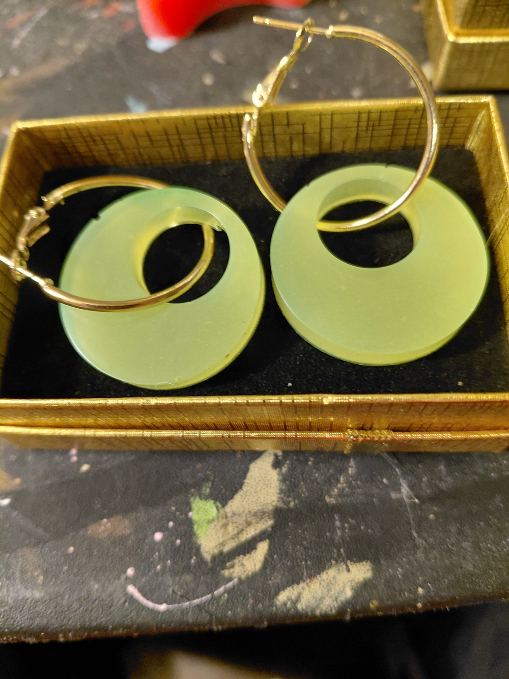 Gold Hoop Earrings with Lime Green Circular Pendants - Women Jewelry